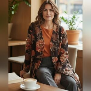 NWT Solitaire Victorian Floral Fly-Away Duster. Size M - Gray & Peach